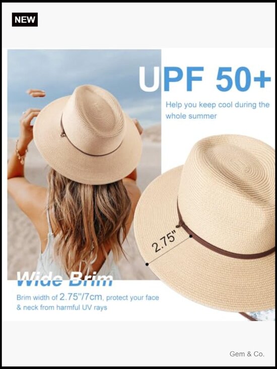Wide Brim Straw Sun Hat with Chin Strap UPF 50+ Packable for Beach main image 7